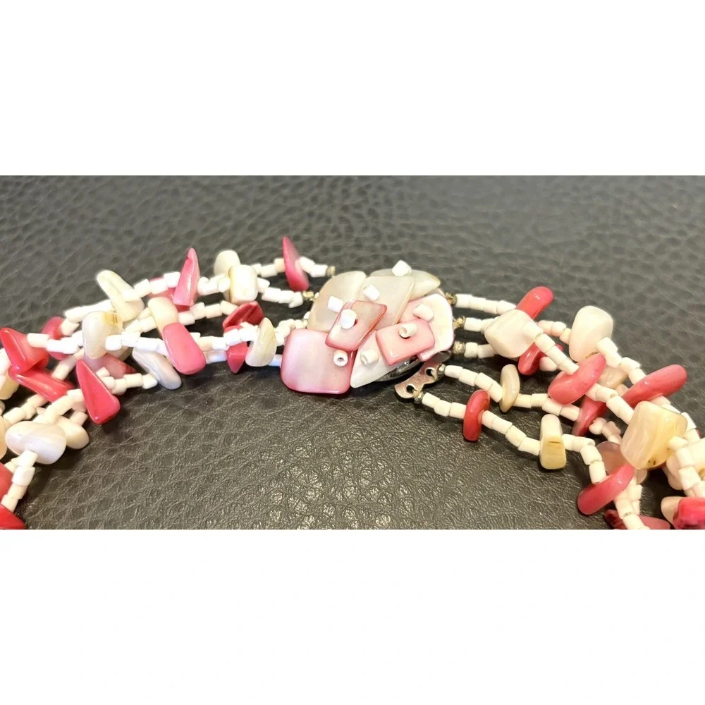 Vintage 5 Multi Strand Mother Of Pearl Chip Chunky Spring Summer Boho Necklace